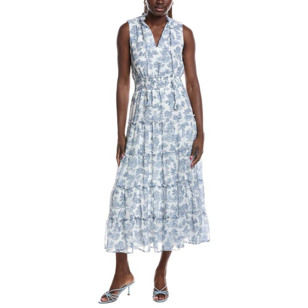 1.State Womens Printed Ruffle Neck Maxi Dress, Blue